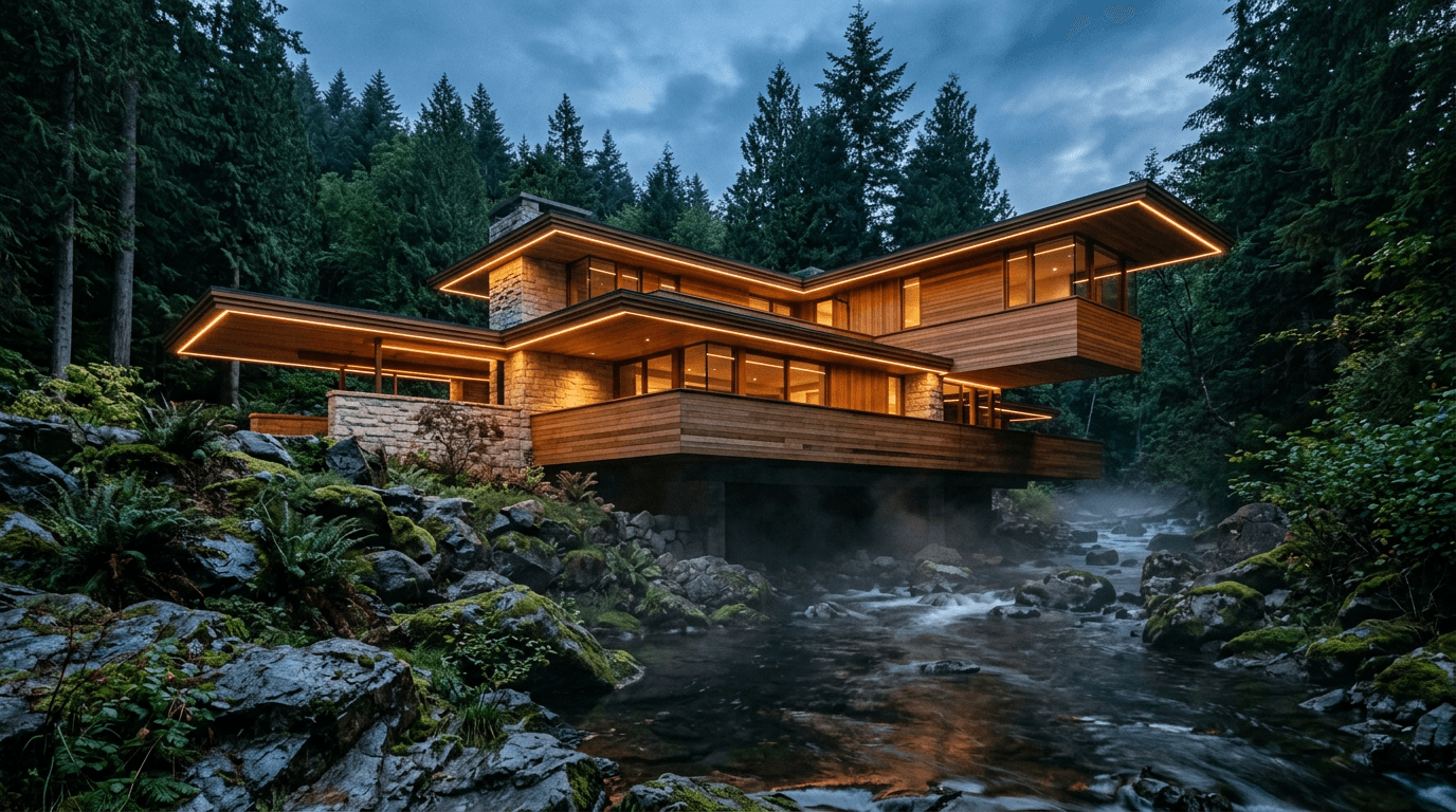 A cantilevered cedar-and-stone home glowing with amber track lighting at dusk over a forest creek.